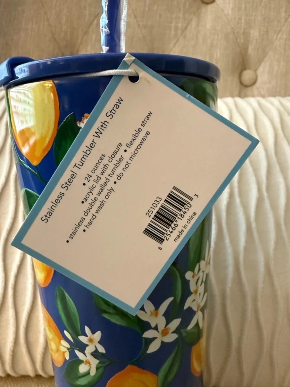 Draper James Blue Tumbler with Yellow Lemon Motif and Matching Straw